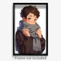 Art Poster - Boy Feeling Anticipating Wearing Mysterious Grey Scarf (Print)