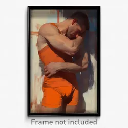 Art Poster - Man Feeling Shy Wearing Realistic Orange Leotard (Art Print)