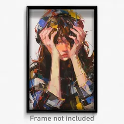 Art Poster - Woman Feeling Panicked Wearing Glossy Plaid Headwear (Art Print)