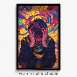 Anime Art Poster - Man Feeling Anger Wearing Artistic Striped Scarf (Print)