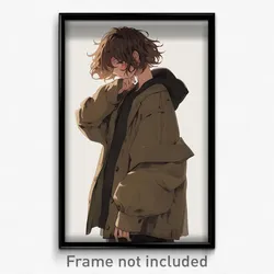 Anime Art Poster - Boy Feeling Stressed Wearing Imaginary Brown Jacket (Print)