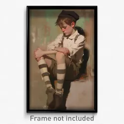 Art Poster - Boy Feeling Suspense Wearing Grizzled Striped Legwear (Art Print)