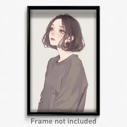 Anime Art Poster - Girl Feeling Disbelief Wearing Creative Grey Shirt (Print)