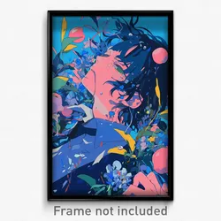Anime Art Poster - Boy Feeling Careless Wearing Bubbly Blue Flower (Print)