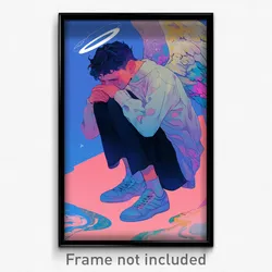 Art Poster - Boy Feeling Regret Wearing Superb Angel Wings (Art Print)