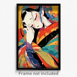 Anime Art Poster - Woman Feeling Sorrow, Multicolored Layered Clothes (Print)