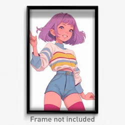 Art Poster - Girl Feeling Self Motivated Wearing Glossy Striped (Art Print)