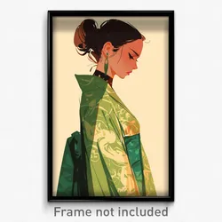 Art Poster - Woman Feeling Glumness Wearing Gloomy Green Kimono (Print)