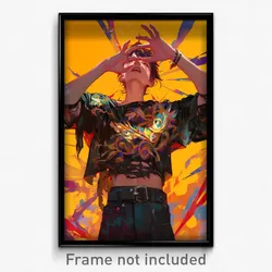Art Poster - Boy Feeling Elation Wearing Ragged Cropped Shirt (Art Print)