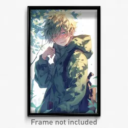 Anime Art Poster - Boy Feeling Melancholy Wearing Lively Green Coat (Print)