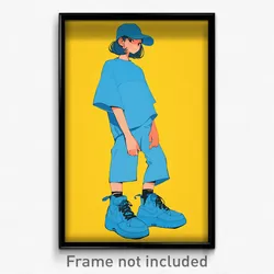 Art Poster - Girl Feeling Uncertainty Wearing Baggy Blue Footwear (Art Print)