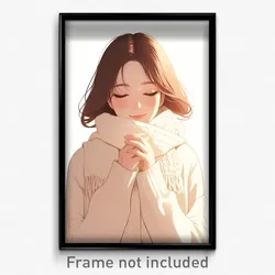 Anime Art Poster - Woman Feeling Thankful Wearing Gorgeous White Scarf (Print)