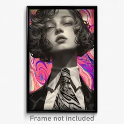 Art Poster - Girl Feeling Excitement, Black And White Pink Necktie (Print)