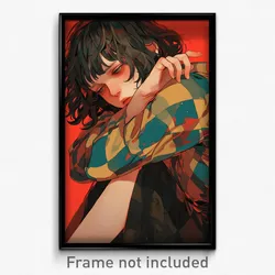 Art Poster - Woman Feeling Tired Wearing Quizzical Checkered Kimono (Art Print)