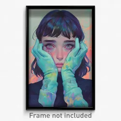 Art Poster - Girl Feeling Disheartened Wearing Merry Aqua Gloves (Art Print)