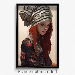Art Poster - Girl Feeling Sorrow Wearing Cheery Striped Headwear (Art Print)