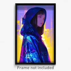 Art Poster - Woman Feeling Vigilance Wearing Exotic Blue Hoodie (Art Print)