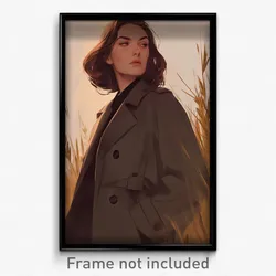 Art Poster - Woman Feeling Enchanted Wearing Gorgeous Grey Coat (Print)