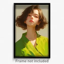 Anime Art Poster - Woman Feeling Jubilation, Triangular Green Shirt (Print)