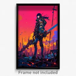 Art Poster - A Cybernetic Warrior Standing Amidst The Ruins Of A Futuristic