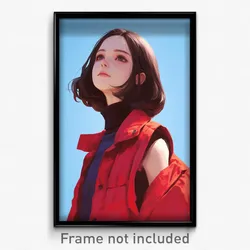 Art Poster - Girl Feeling Happy Wearing Worn Red Vest (Art Print)