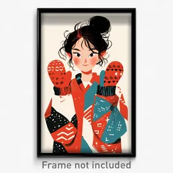 Art Poster - Woman Feeling Liking Wearing Zigzag Red Mittens (Art Print)