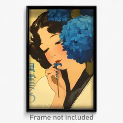 French Movie Poster - Girl Feeling Enjoyment, Voluminous Blue Flower (Art Print)