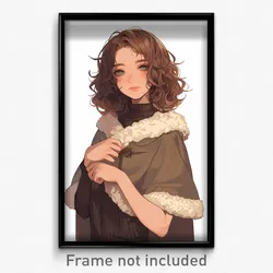 Anime Art Poster - Girl Feeling Optimistic Wearing Fluffy Brown Capelet (Print)