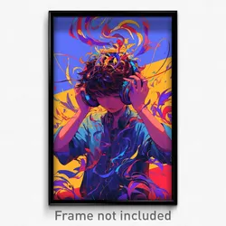 Anime Art Poster - Boy Feeling Overwhelmed Wearing Rundown Headphones (Print)