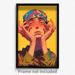 Art Poster - Boy Feeling Bored Wearing Amazing Brown Headwear (Art Print)
