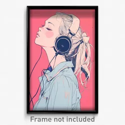 Art Poster - Girl Feeling Self Motivated Wearing Bubbly Headphones (Print)