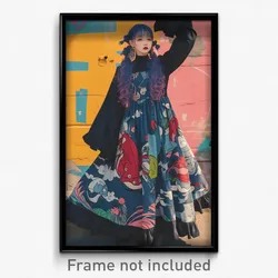 Anime Art Poster - Girl Feeling Attentiveness Wearing Quirky Print Dress (Print)
