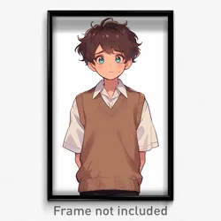 Anime Art Poster - Boy Feeling Worried, Outgoing Brown Sweater Vest (Print)