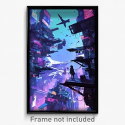 Art Poster - A Cyberpunk Cityscape With Holographic Billboards