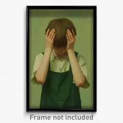 Art Poster - Boy Feeling Reluctant Wearing Worn Green Apron (Print)