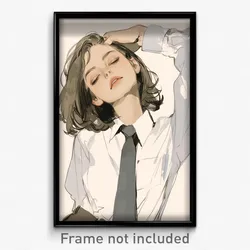Anime Art Poster - Woman Feeling Amusement Wearing Radiant Grey Necktie (Print)