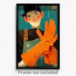 Art Poster - Boy Feeling Glee Wearing Well Off Orange Gloves (Print)