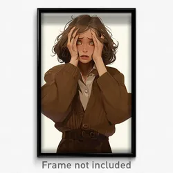 Art Poster - Woman Feeling Worried Wearing Classic Brown Cardigan (Print)