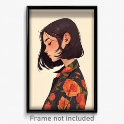 Art Poster - Woman Feeling Humility Wearing Flowery Pinstripe Shirt (Print)
