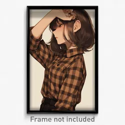 Art Poster - Girl Feeling Alarm Wearing Original Checkered Shirt (Print)