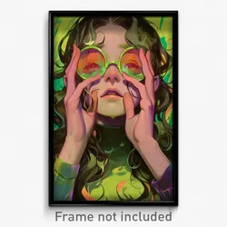 Anime Art Poster - Girl Feeling Sadness, Slim Green Tinted Eyewear (Print)