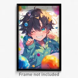 Anime Art Poster - Boy Feeling Happiness Wearing Strong Popped Button (Print)