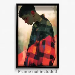 Art Poster - Boy Feeling Doubt Wearing Large Plaid Shirt (Art Print)