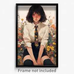 Art Poster - Girl Feeling Distracted Wearing Flowery Short Necktie (Art Print)