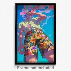 Anime Art Poster - Man Feeling Self Respecting, Flowery Print Shorts (Print)