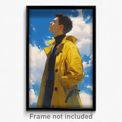 Art Poster - Man Feeling Positive Wearing Velvety Yellow Raincoat (Art Print)