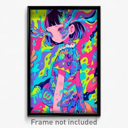Anime Art Poster - Woman Feeling Cheeky, Bright Multicolored Dress (Print)