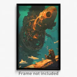 Art Poster - A Steampunk Submarine Exploring Underwater Ruins