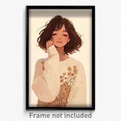 Art Poster - Girl Feeling Pleased Wearing Flowery Beige Sweater (Print)