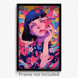 Art Poster - Woman Feeling Sentimentality Wearing Soft Cherry Blossoms (Print)